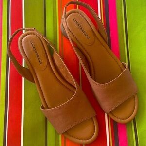 Brand New Lucky Brand Genuine Leather Rimma Ankle Strap Heeled Sandals Latte